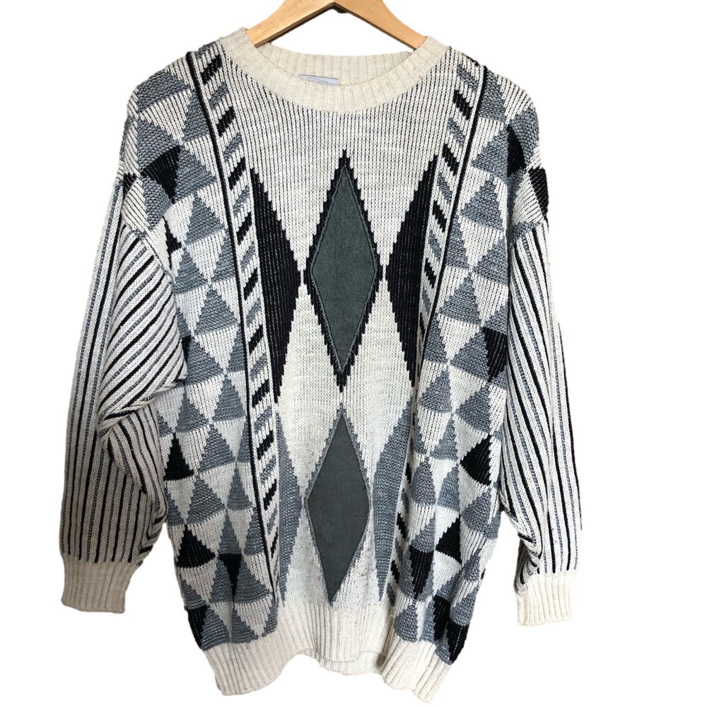 Vintage Geometric Cotton Blend Oversize Crewneck Grandpa Sweater Large